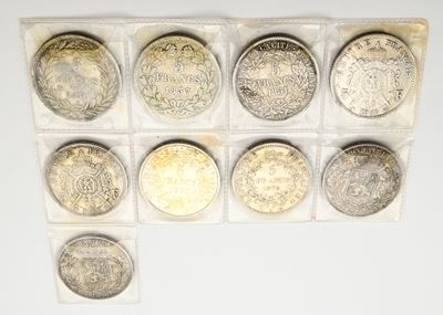 Lotto di 9 Monete da 5 Franchi 1831w, 1837w Luigi Filippo, 1851a 2a Repubblica, 1867a, 1868bb, Na...
