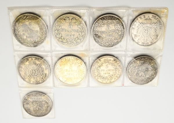 Lotto di 9 monete da 5 franchi 1831W, 1837W Luigi Filippo, 1851A 2a Repubblica, 1867A, 1868BB, Napoleone III, 1870A, 1876A 3a Repubblica Francia; 1873, 1876 Leopoldo II Belgio