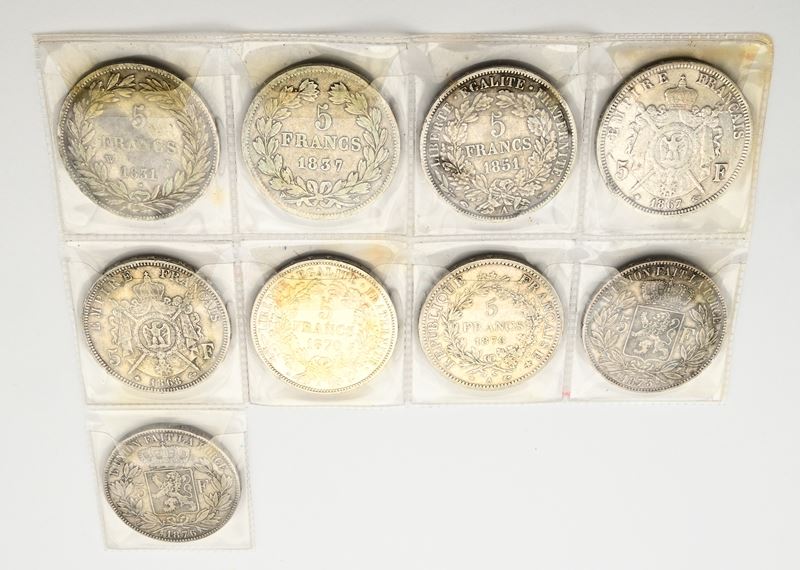 Lotto di 9 Monete da 5 Franchi 1831w, 1837w Luigi Filippo, 1851a 2a Repubblica, 1867a, 1868bb, Na...