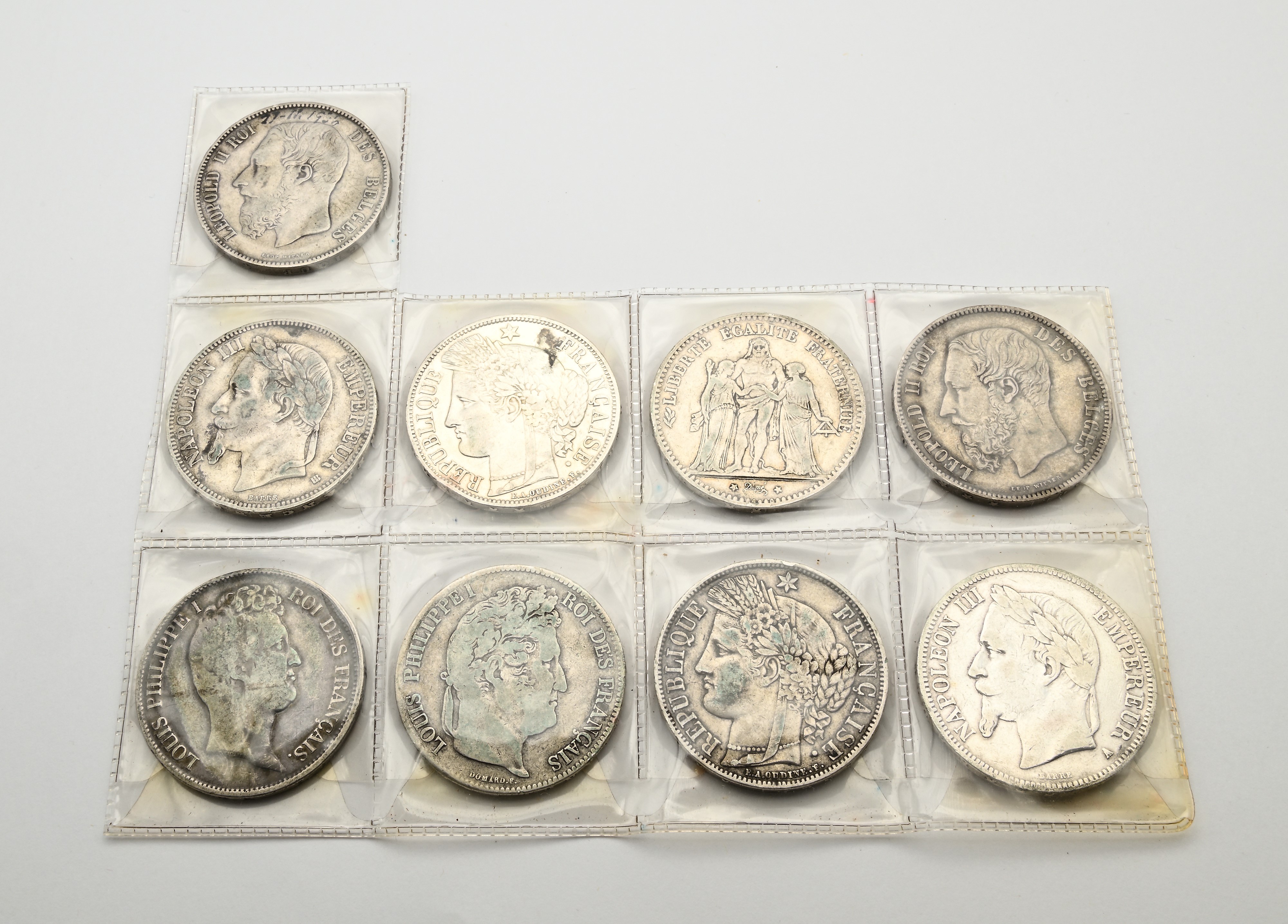 Lotto di 9 Monete da 5 Franchi 1831w, 1837w Luigi Filippo, 1851a 2a Repubblica, 1867a, 1868bb, Na...