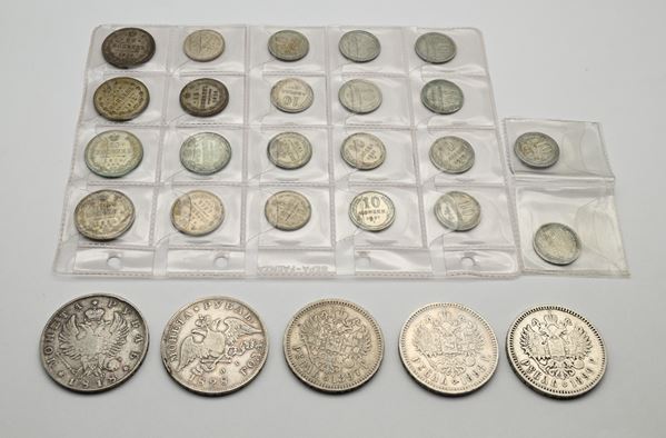 Rublo 1818 Alessandro I; 1828 Nicola I; 1897, 1898, 1899 Nicola II; 20 Kopeks 1913, 1914, 1915, 1916; 15 Kopeks 1914, 1916 (2); 10 Kopeks 1914, 1916 (2) Nicola II; 10 Kopeks 1927 (4), 1929 (8) URSS