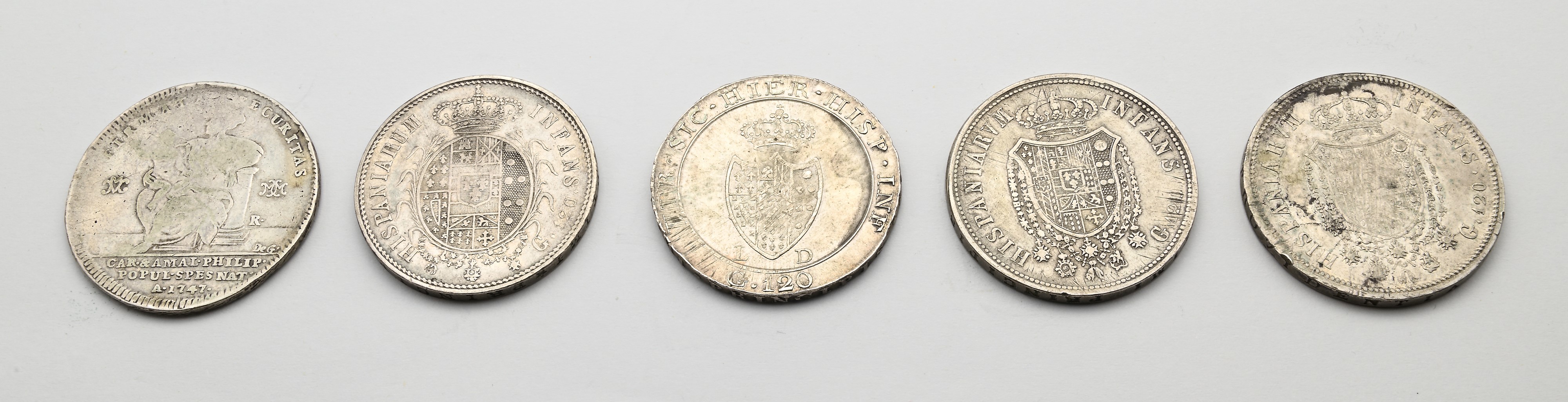 Lotto di 5 Piastre da 120 Grana: 1747 per la Nascita del Principe Filippo. Carlo III di Borbone; ...