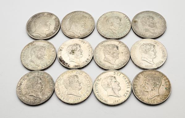 Lotto di 12 Piastre da 120 Grana: del 1° tipo 1834, del 2° tipo 1839, del 6° tipo 1851, 1852, 1853, 1854 (2), 1856 (3), 1857 Ferdinando II di Borbone; 1859 Francesco II di Borbone Regno delle 2 Sicilie