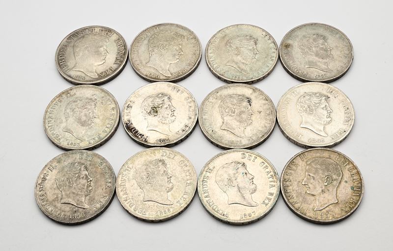 Lotto di 12 Piastre da 120 Grana: del 1° Tipo 1834, del 2° Tipo 1839, del 6° Tipo 1851, 1852, 185...