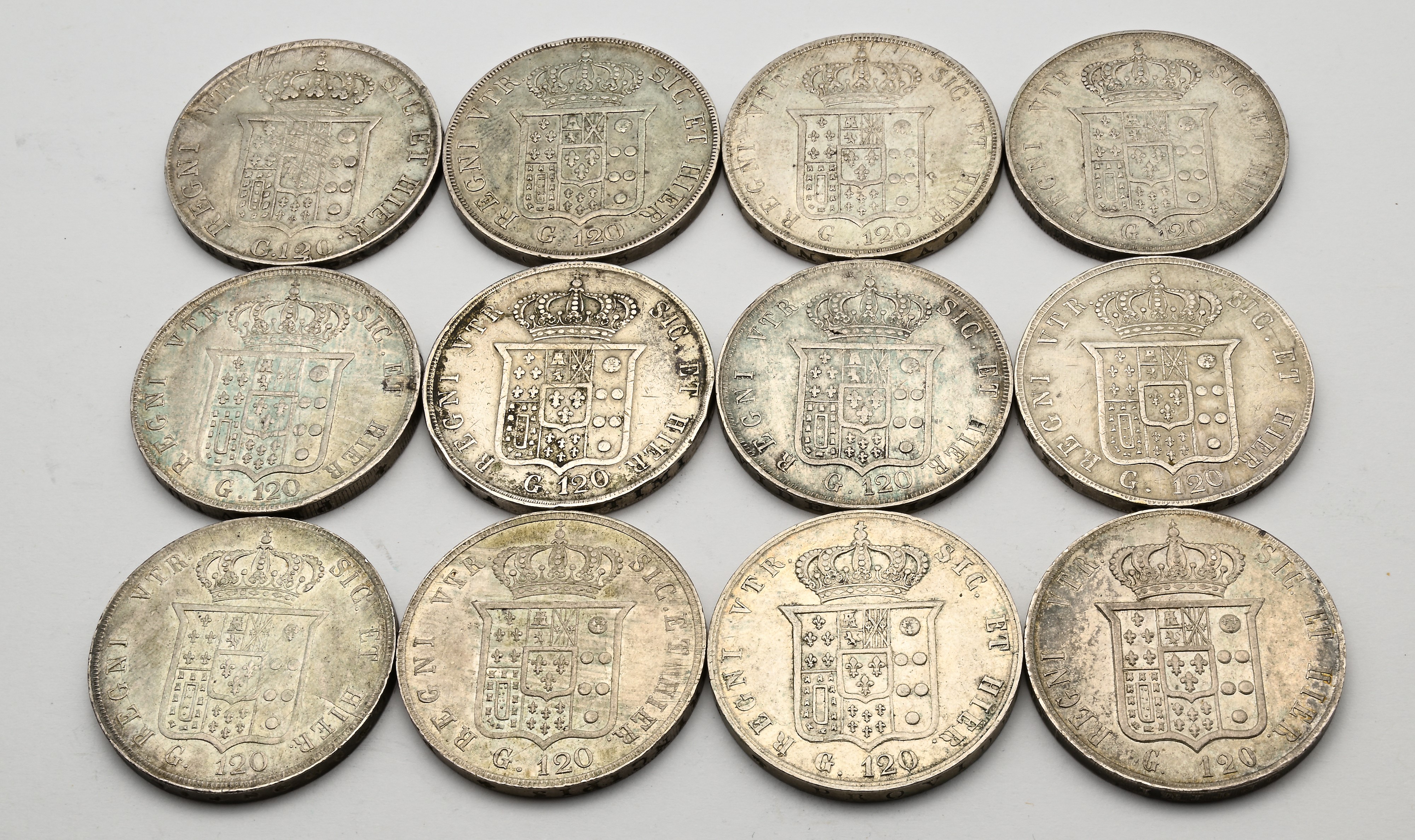 Lotto di 12 Piastre da 120 Grana: del 1° Tipo 1834, del 2° Tipo 1839, del 6° Tipo 1851, 1852, 185...