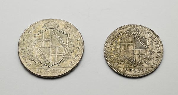 Scudo da 10 Paoli del 3° tipo 1797 e Mezzo Scudo da 5 Paoli del 1° tipo 1796 Governo Popolare di Bologna