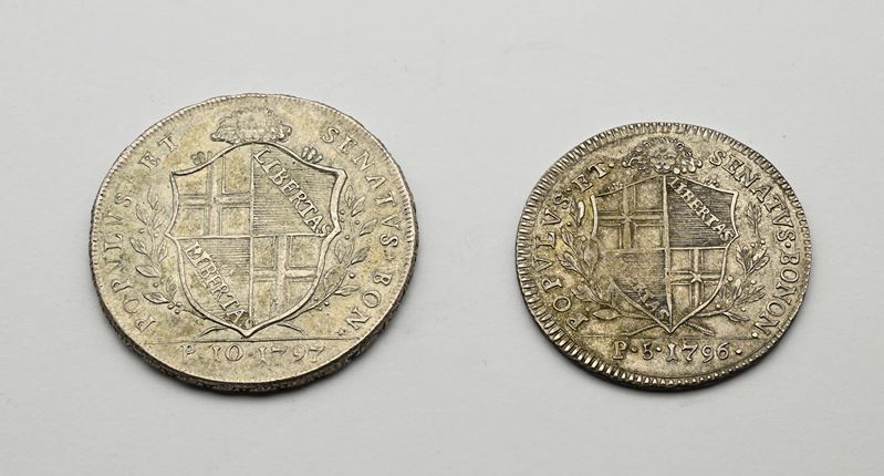Scudo da 10 Paoli del 3° Tipo 1797 e Mezzo Scudo da 5 Paoli del 1° Tipo 1796 Governo Popolare di ...