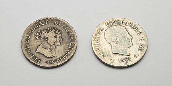 5 Lire del 1° tipo 1808 Milano Napoleone I Re d'Italia e 5 Lire del 1° tipo 1805 Firenze Elisa Bonaparte e Felice Baciocchi Principato di Lucca e Piombino 