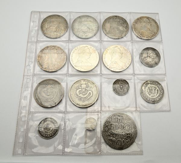 Lotto monete: Dollaro 1897 Provincia Anhwei, Dollaro 1899 Provincia Chihli, 20 Cents Provincia Manciuria Impero della Cina; Bir (2) 1889A (1897), 1/2 Bir e 1/20 di Bir Etiopia; 5 Talleri di Maria Teresa, 10 e 5 Piastre Regno d'Egitto; e Yuzluk Impero Ottomano