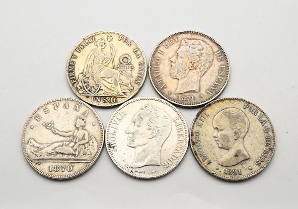 Lotto di 3 pezzi di 5 pesetas 1870SNM, 1871 (74) DEM Amedeo I di Savoia, 1891 (91) PGM Spagna, 5 Bolivares 1904 Venezuela, e Sol 1889 TF Perù