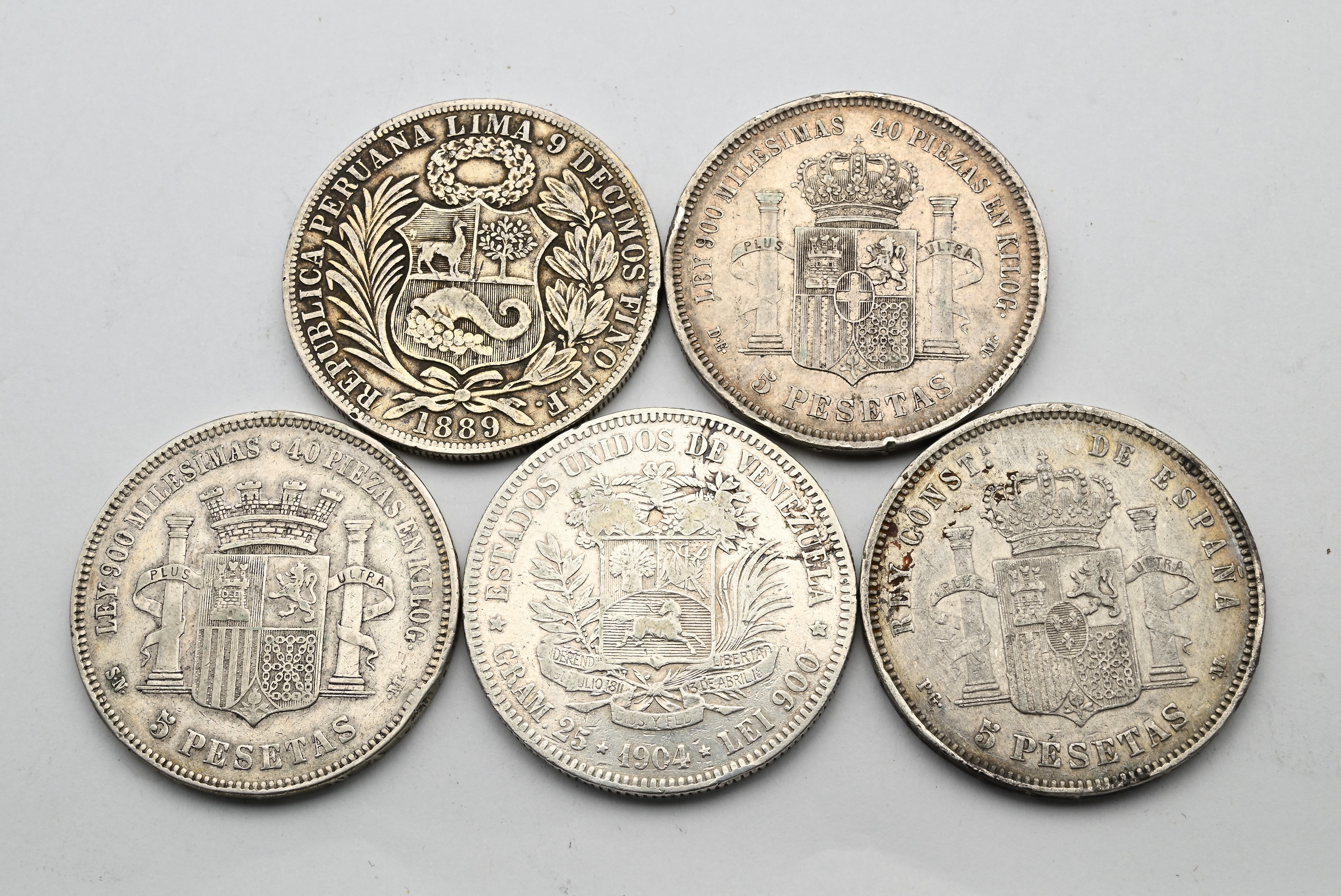 Lotto di 3 Pezzi di 5 Pesetas 1870snm, 1871 (74) Dem Amedeo i di Savoia, 1891 (91) Pgm Spagna, 5 ...