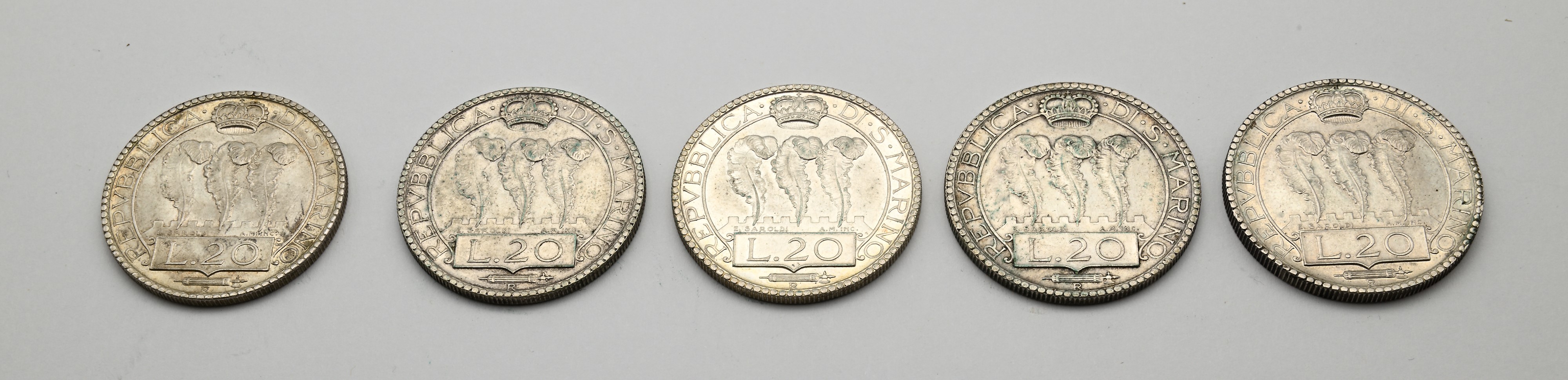 Lotto di 5 Monete da 20 Lire 1931, 1932, 1933, 1935 e 1937 Repubblica di San Marino