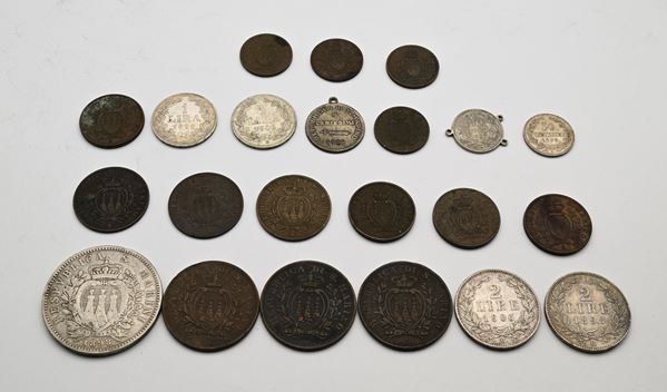 5 Lire 1898, 2 Lire 1898, 1906, 1 Lira 1898 e 1906, 50 Cts 1898 (2), 10 Cts 1875, 1893, 1894, 5 Cts 1864, 1869, 1894, 10 e 5 Cts 1935, 1936, 1937, 1938 e Medaglietta da 5 Cts 1928 San Marino Vecchia monetazione