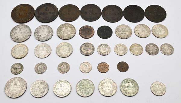 2 1/2 Lire 1867, 2 Lire 1866 XXI, 1867 (2), 20 Baiocchi 1858R, 1865, 1 Lira 1866 XXI (4), 1867 XXI, XXII, 1868 XXIII (3), 10 Baiocchi 1858R XIII, 10 Soldi 1866, 1867 XXII, 1868 XXII, XXIII (2), 1869 XXIII, 5 Baiocchi 1858R XIII, 5 Soldi 1866, 1867 XXI, XXII, 4 Soldi 1866, 1868 XXIII, 2 Soldi 1866 (4), 1867, 1/2 Soldo 1867 XXI e XXII, 1 Cts 1866, 1867 Pio IX
