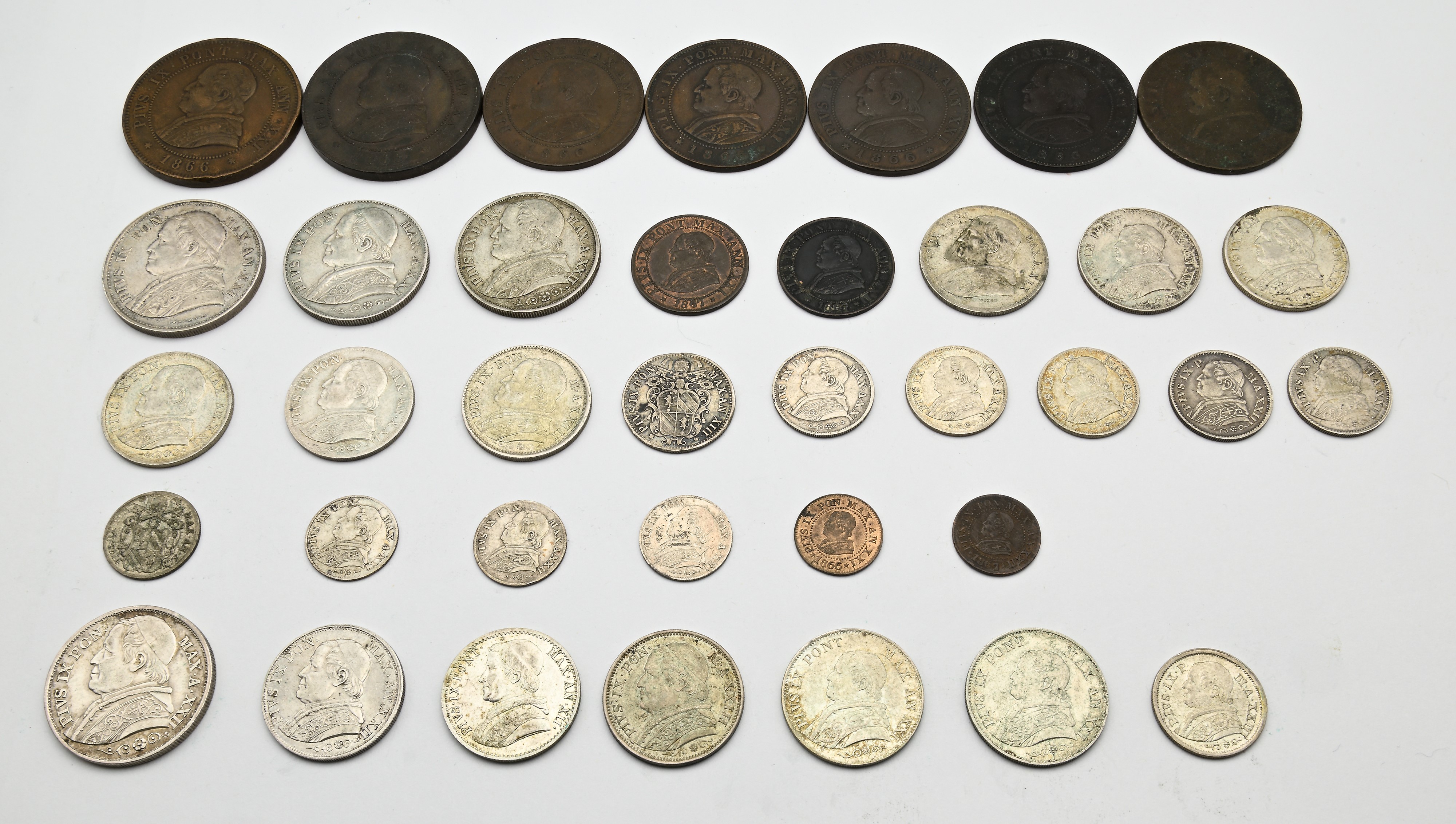 2 1/2 Lire 1867, 2 Lire 1866 XXI, 1867 (2), 20 Baiocchi 1858r, 1865, 1 Lira 1866 XXI (4), 1867 XX...