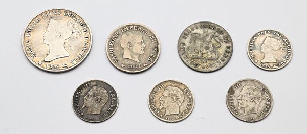 1 Lira 1815, 5 Soldi 1815, Maria Luigia Ducato di Parma; 10 Soldi 1811M Napoleone Re d'Italia; 15 Cts 1848 Governo Provvisorio di Venezia; 20 Cts 1854A, 1860BB (2) Napoleone III Regno di Francia