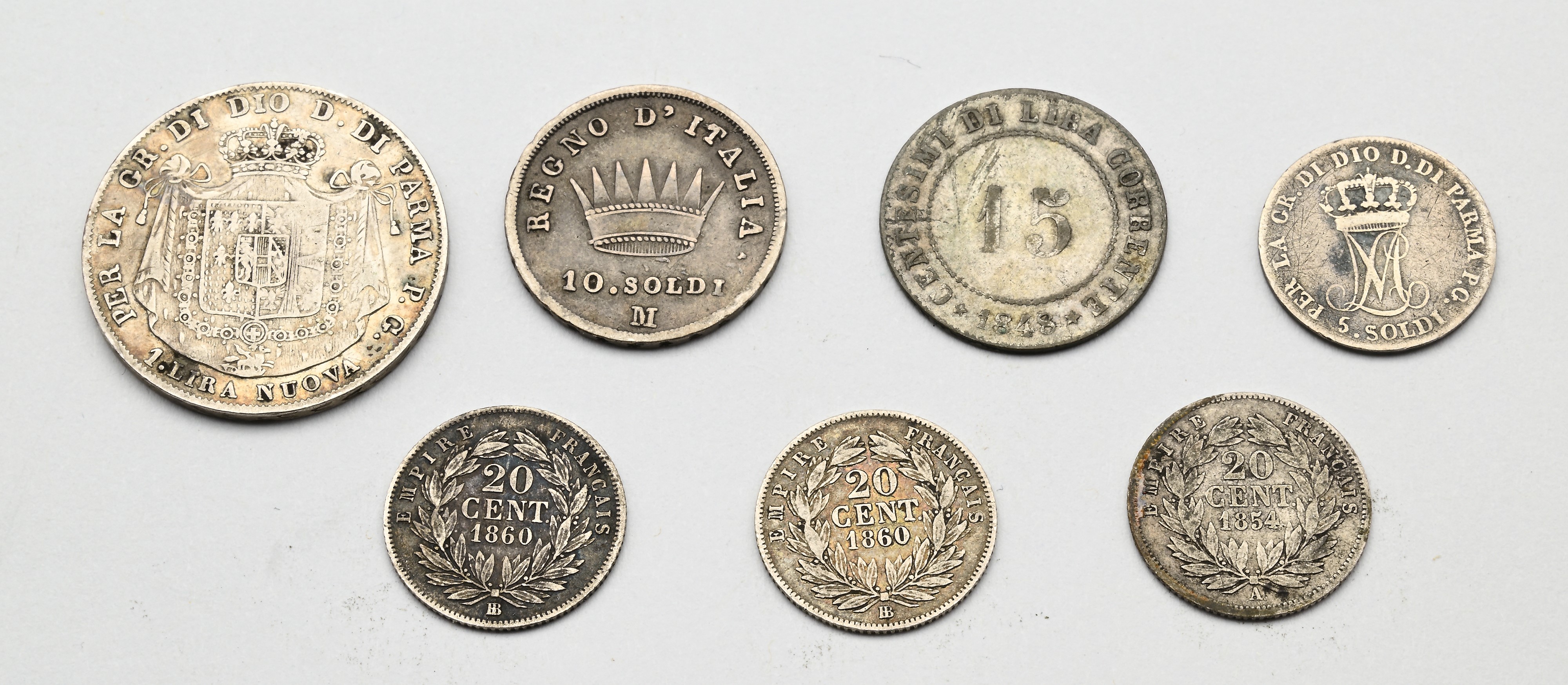 1 Lira 1815, 5 Soldi 1815, Maria Luigia Ducato di Parma; 10 Soldi 1811m Napoleone Re D'italia; 15...