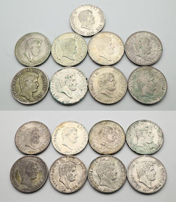 Lotto 17 Piastre da 120 Grana di Ferdianando II di Borbone: del 1° tipo 1831, 1833, del 2° tipo 1835, 1836, 1838, del 4° tipo 1843, 1844, 1846, 1848, 1850, del 6° tipo 1851, 1853, 1854, 1856, 1857 (2) e 1859