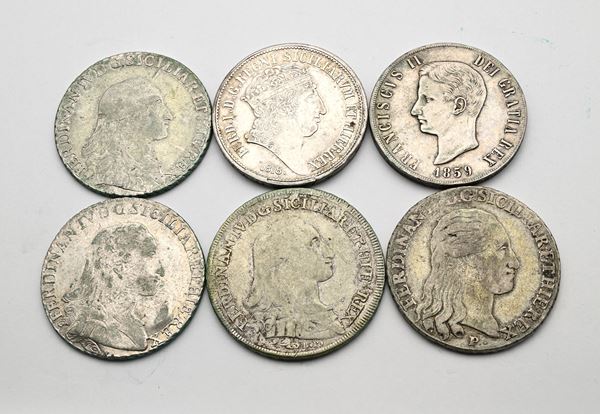 Lotto 6 Piastre da 120 Grana: del 6° tipo 1786BP, 1788P, 1790MRC, del 9° tipo 1798 Ferdinando IV di Borbone Regno di Napoli; del 1° tipo 1818 Ferdinando I; 1859 Francesco II di Borbone Regno delle 2 Sicilie
