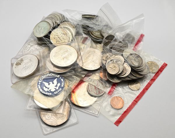 Lotto 18 Oncie, Dollaro Silver Eisenhower 1971, Mezzi dollari Kennedy, Quarti Washington, Dime Roosevelt, Serie complete 1968 e 1969 USA