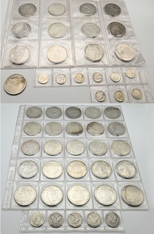 Lotto 37 Dollari Morgan; 1 Peso Filippine 1907; 5 Quarti di dollaro Barber e Liberty; 9 Dime Liberty USA