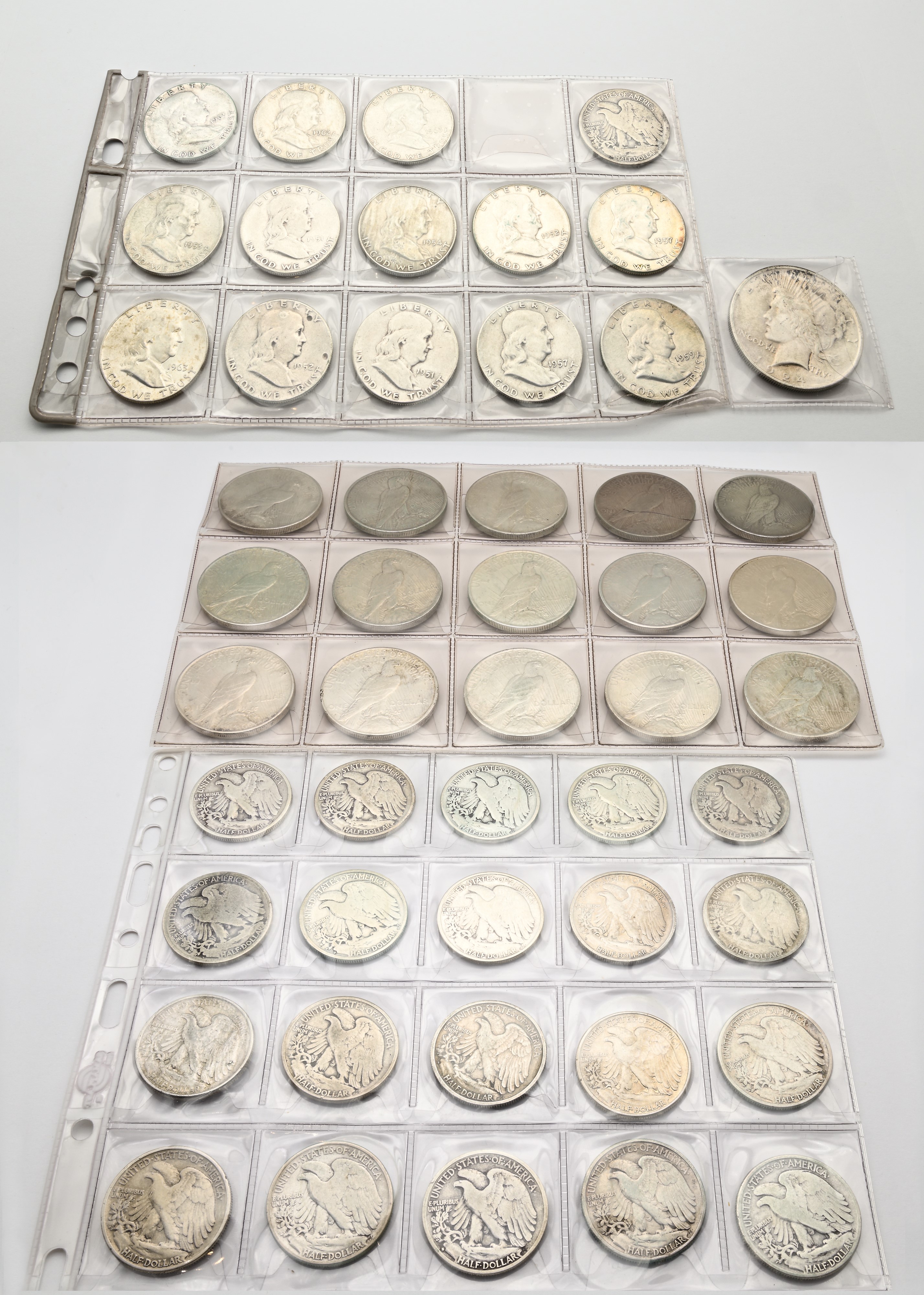 Lotto 16 Dollari Peace; 21 Mezzi Dollari Liberty; 13 Mezzi Dollari Franklin Usa