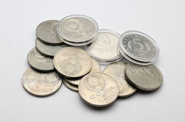 Lotto 5 e 3 Rubli in argento e metallo U.R.S.S.