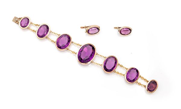 Parure di bracciale e coppia di orecchini in oro e ametiste