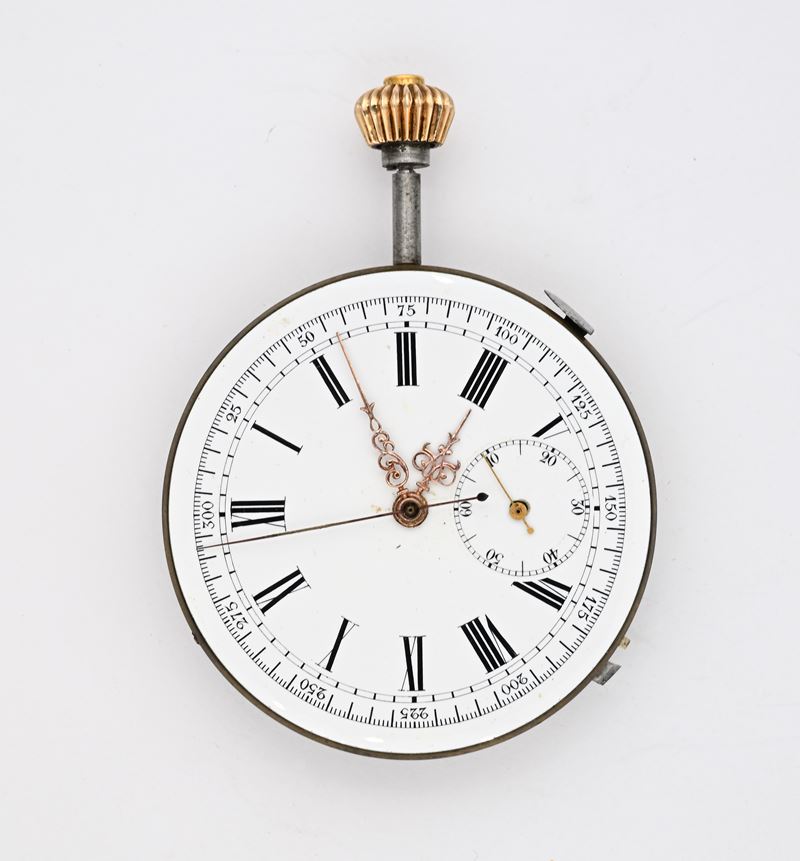 Meccanismo anonimo con ripetizione ore, quarti e minuti a richiesta e cronometro al centro. Caric...