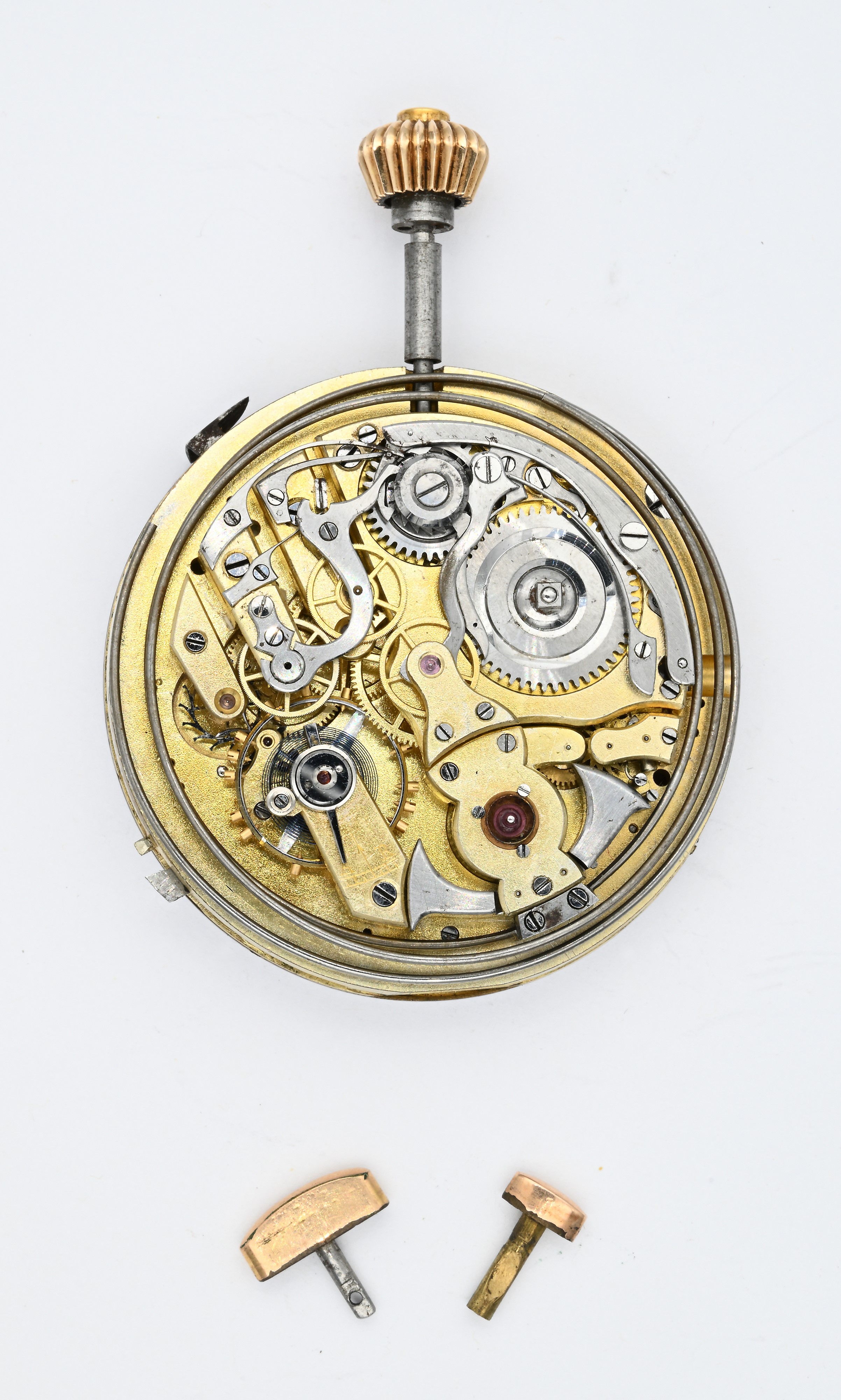 Meccanismo anonimo con ripetizione ore, quarti e minuti a richiesta e cronometro al centro. Caric...