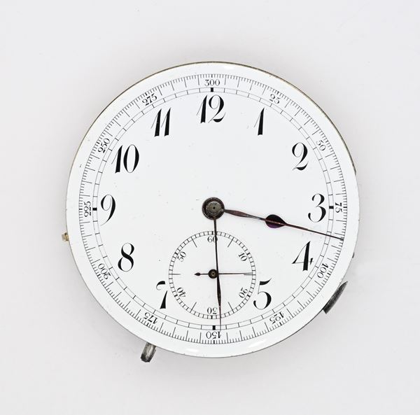 Meccanismo anonimo con ripetizione ore e quarti a richiesta e cronometro al centro. Carica remontoir, scappamento ad ancora, bilanciere monometallico con viti e spirale Breguet
