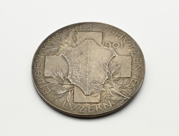 Medaglia in argento per i Tiri Federali di Lucerna 1901 (opus H. Frei). Cantone di Lucerna Confederazione Elvetica