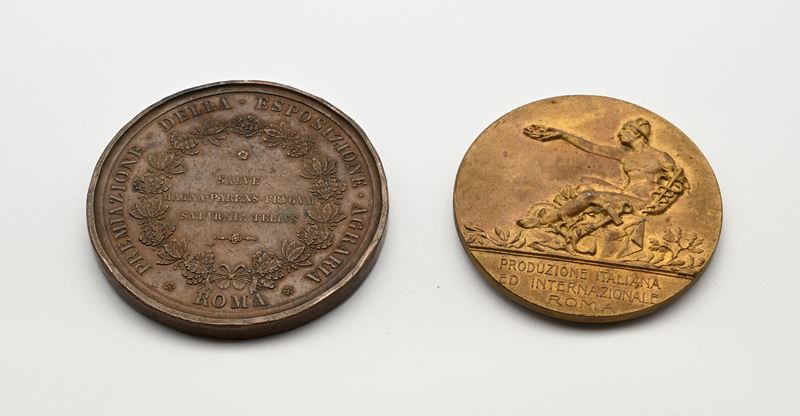 Medaglia in Bronzo Dorato Esposizione Fiera Campioni di Roma 1910; Medaglia in Bronzo di Francesc...
