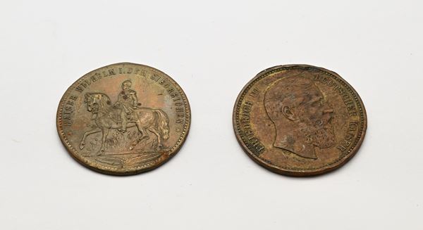 Medaglia in bronzo del Kaiser Wilhelm I commemorativa del 25° anniversario della vittoria sulla Francia; Medaglia gettone Friedrich III di Prussia (1888)