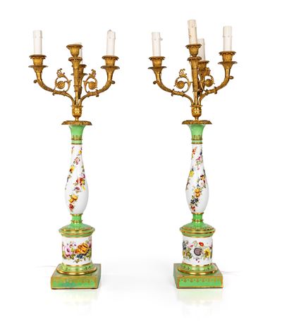 Coppia di Lampade da Tavolo in Porcellana Policroma e Bronzo Dorato, XIX Secolo