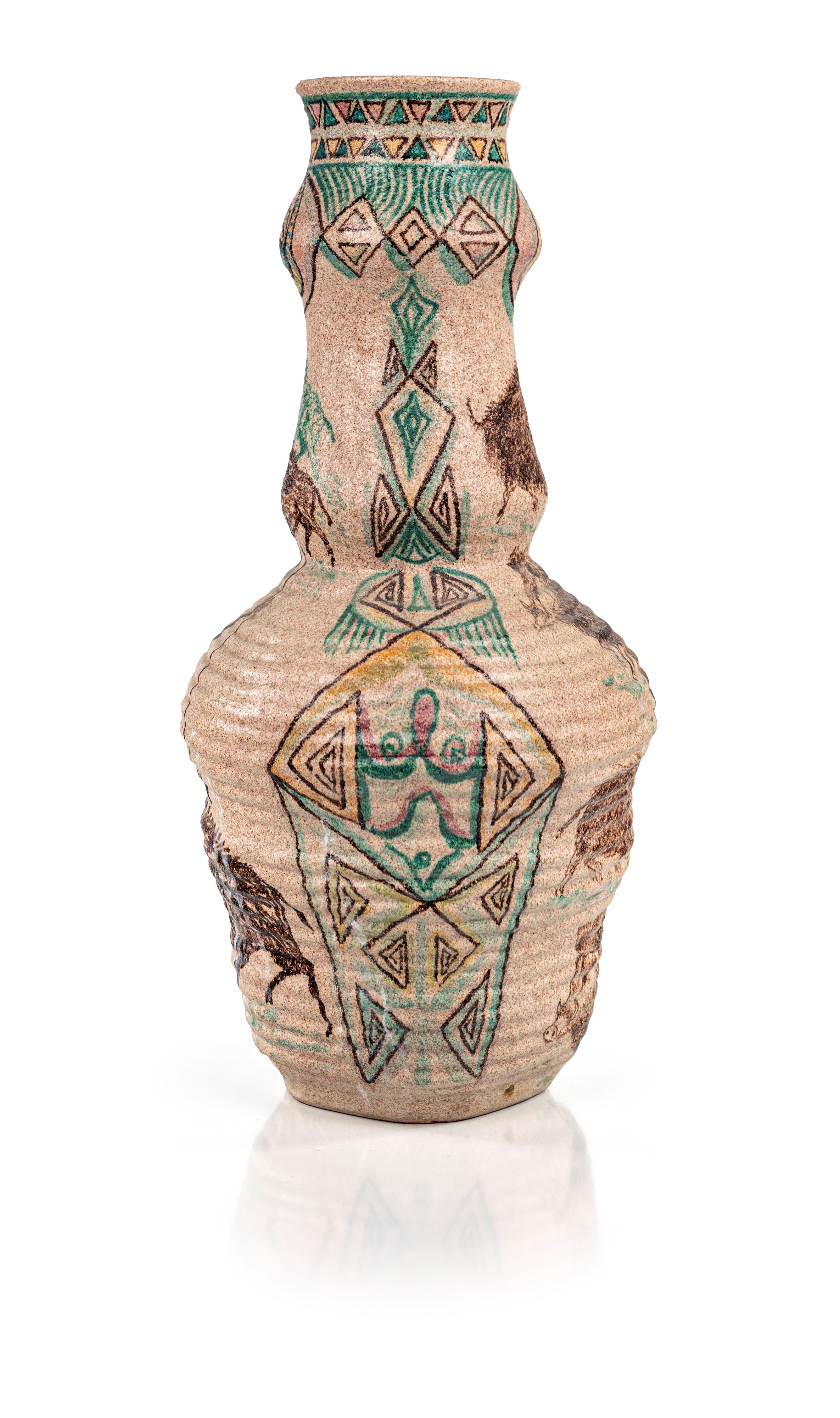 Vaso in Ceramica Decorata con Scene di Caccia e Motivi Geometrici