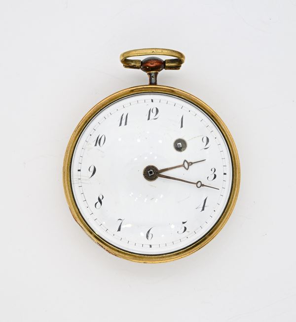 Orologio da tasca da uomo, serpentina con carica a conoide, con cassa incisa in metallo dorato, meccanica con scappamento a verga. Quadrante in smalto. 