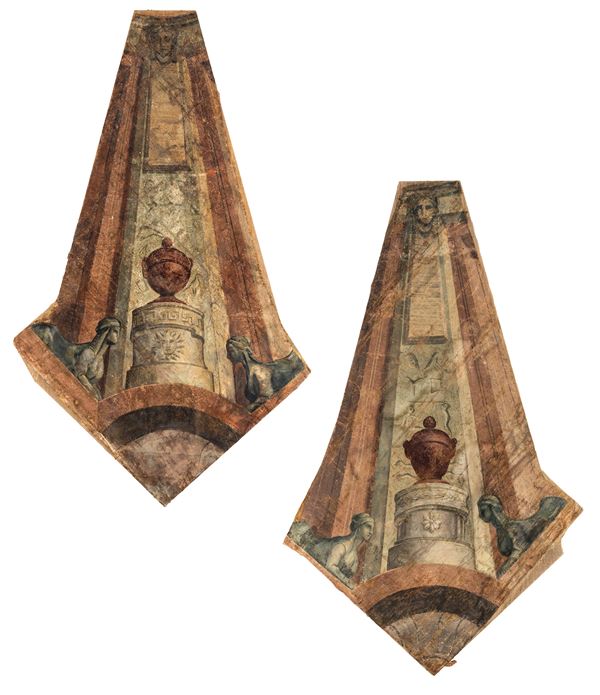 Due decorazioni da soffitto neoclassiche eseguite a tempera su tela sagomata, fine XVIII/inizi XIX secolo