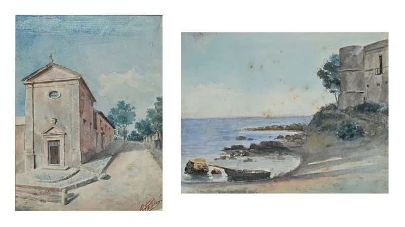 a) Strada di campagna con chiesa e caseggiati b) Veduta costiera con barca ed edificio