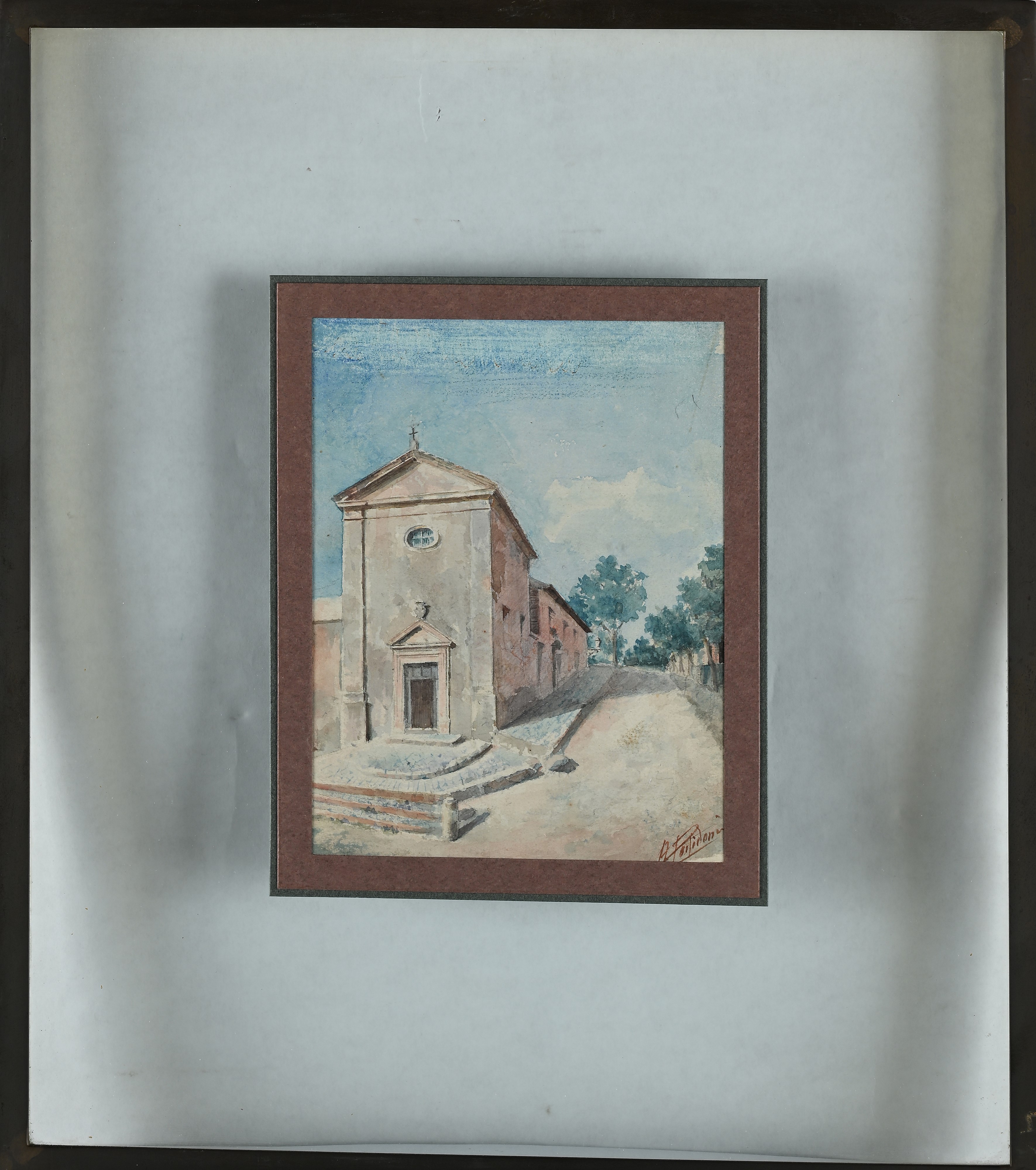 a) Strada di campagna con chiesa e caseggiati b) Veduta costiera con barca ed edificio