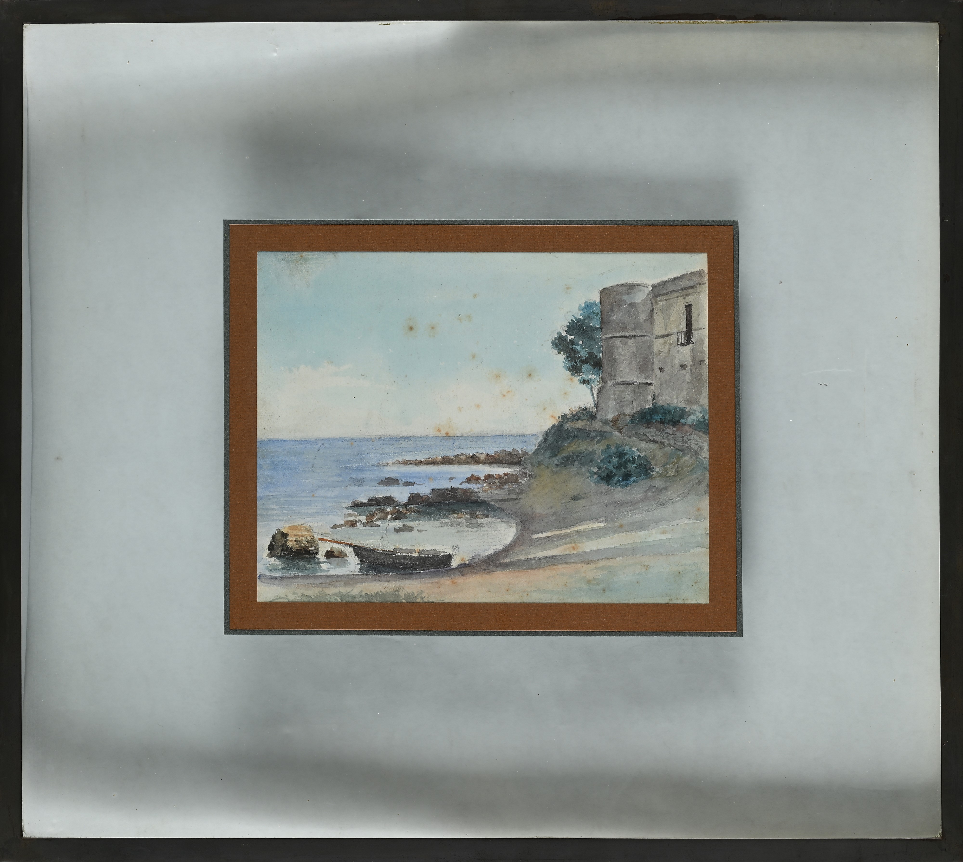 a) Strada di campagna con chiesa e caseggiati b) Veduta costiera con barca ed edificio