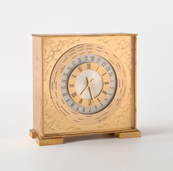 Serra World Time Desk Clock - Orologio da tavolo Gmt con 2 fusi orari su disco rotante a carica meccanica con cassa in ottone