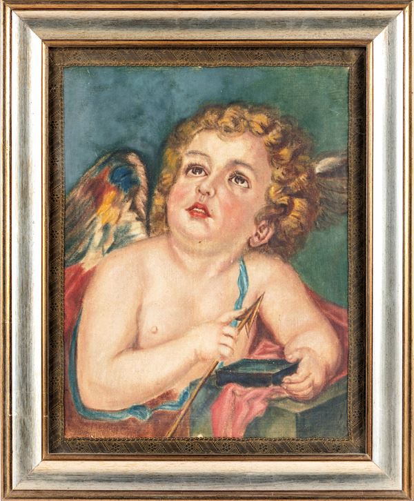 Amore fanciullo che affila la freccia