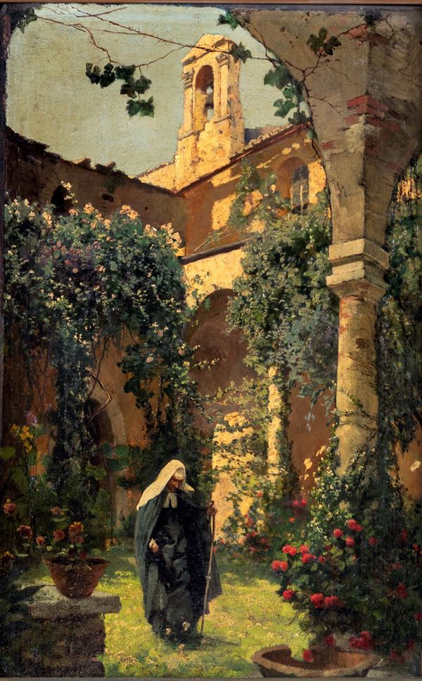 Suora nel chiostro di un antico convento