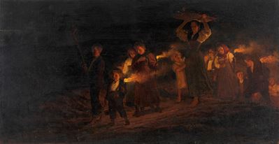 Scuola italiana (seconda metà del XIX secolo), Processione notturna, olio su tela riportata su ta...