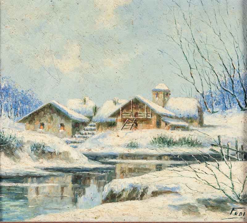 Fedi (scuola Italiana del XX Secolo) - Paesaggio invernale, olio su legno