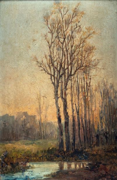 Alberi lungo il fiume, olio su legno