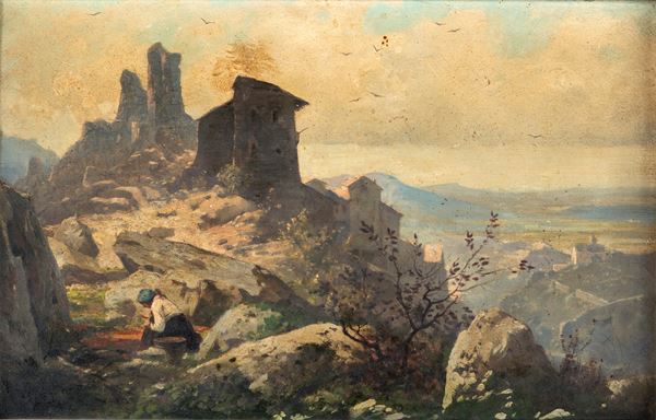 Contadina nei pressi della rocca di un paese