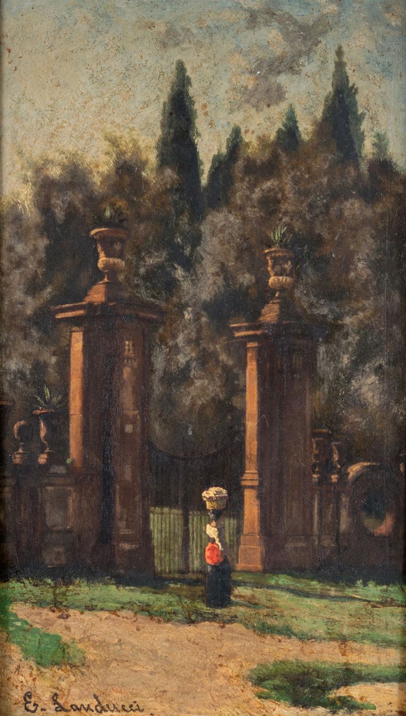 E. Landucci (scuola Romana Seconda Metà del XIX Secolo) - 'cancello della Villa Aldobrandini a Fr...