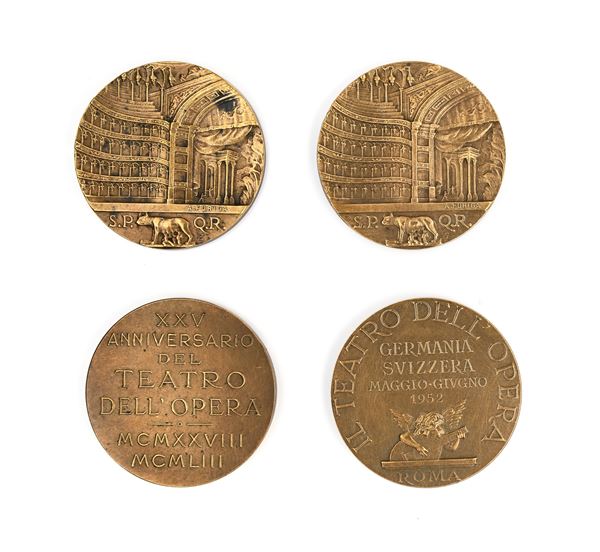 Lotto di 4 medaglie di bronzo del del XXV Anniversario del Teatro dell'Opera di Roma (1952). Opus Alfredo Furiga
